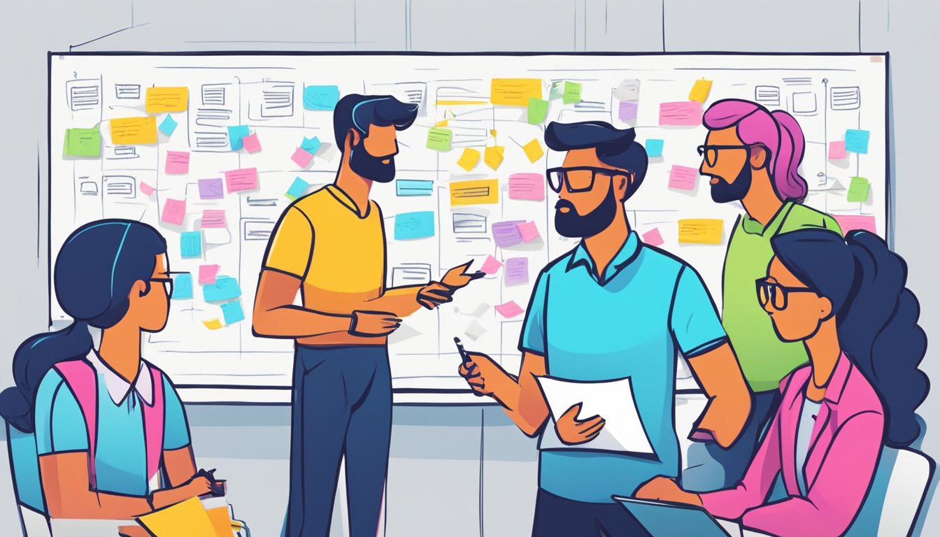 A team of testers brainstorming and mapping out a test strategy on a whiteboard with colorful markers and sticky notes