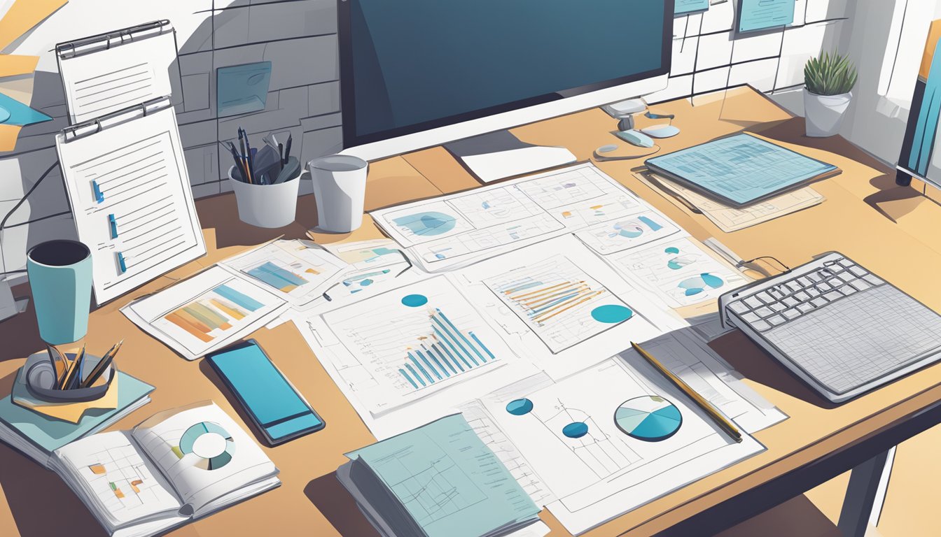 A test strategy being developed with diagrams, charts, and documents on a desk