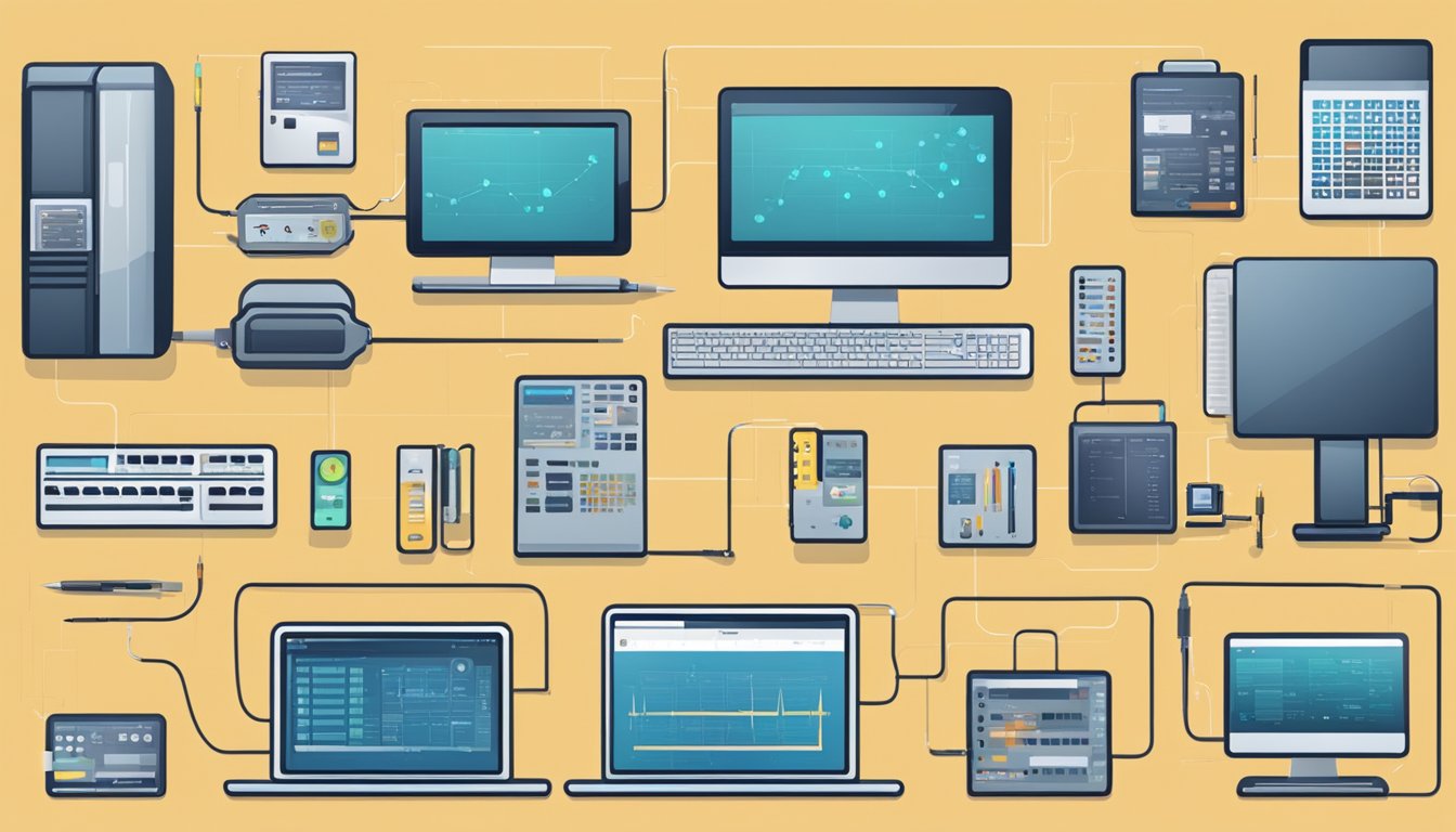 A table with various testing tools and environments, including computers, devices, and testing equipment, arranged in a strategic layout