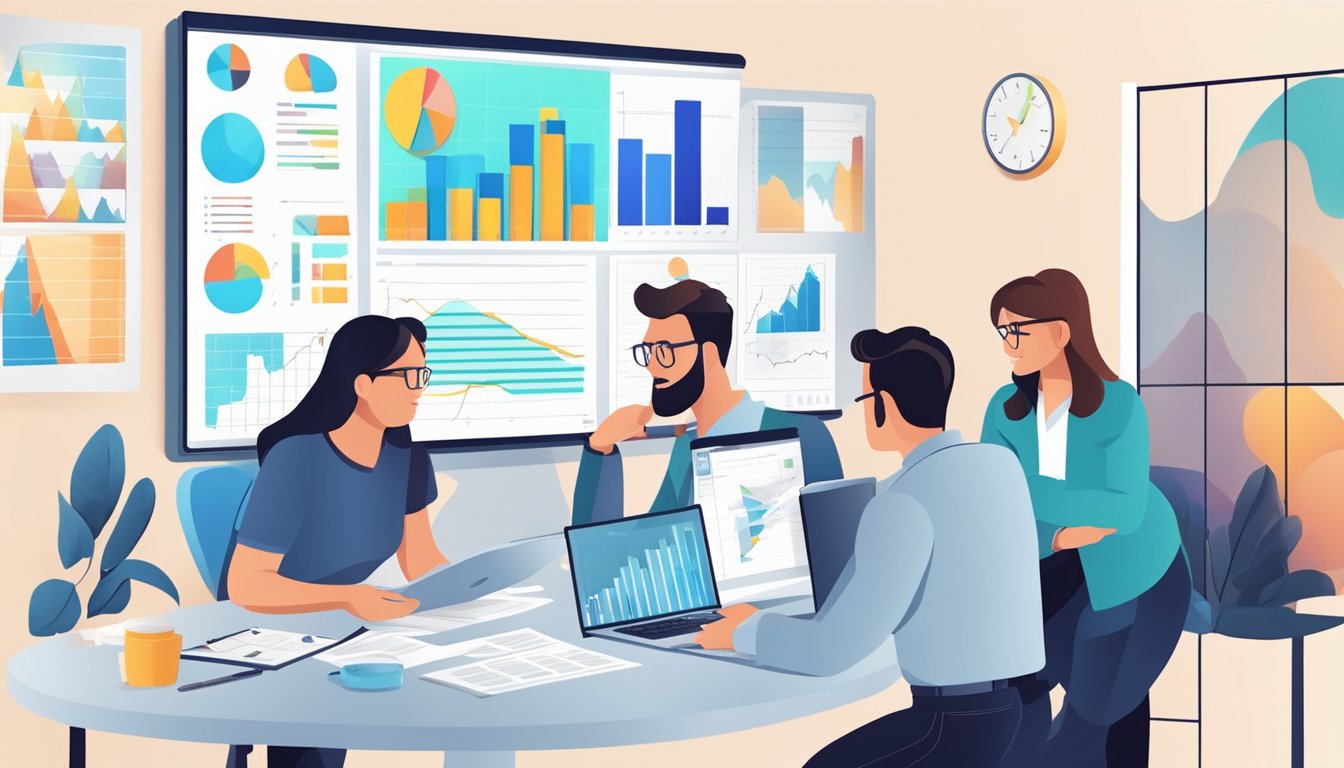 A team plans and monitors test strategy, using charts and graphs for analysis