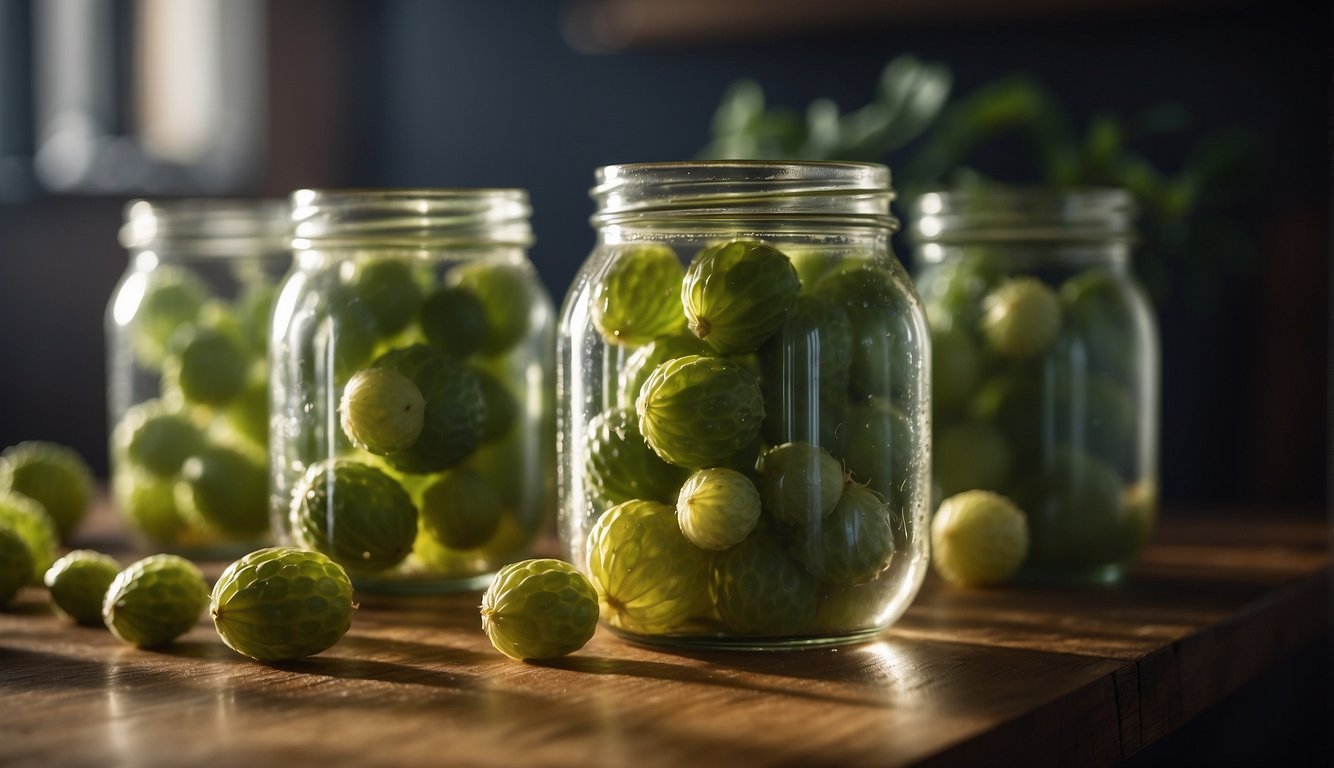Cucamelons sit in a glass jar filled with brine. Bubbles rise to the surface as the fermentation process takes place