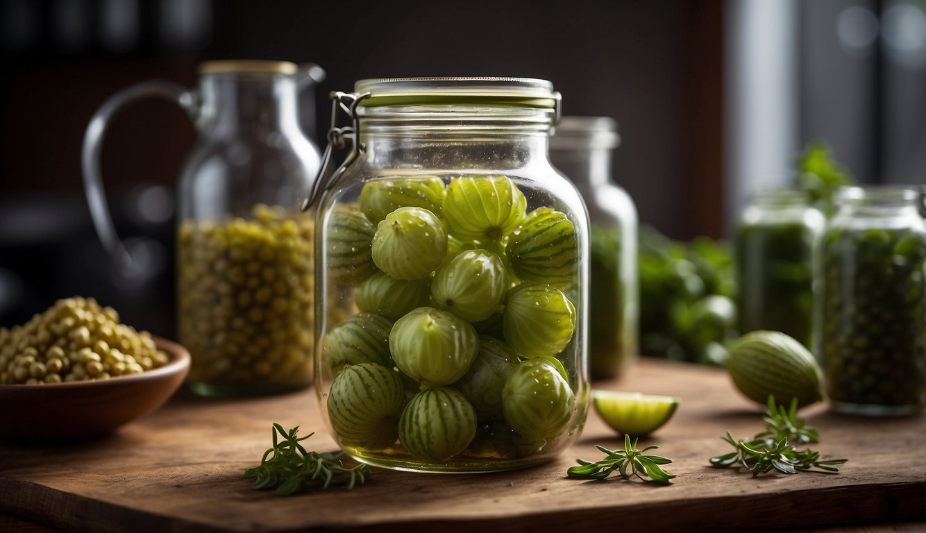 Cucamelons sit in a glass jar, submerged in a brine solution, surrounded by herbs and spices. Bubbles rise to the surface, indicating the fermentation process