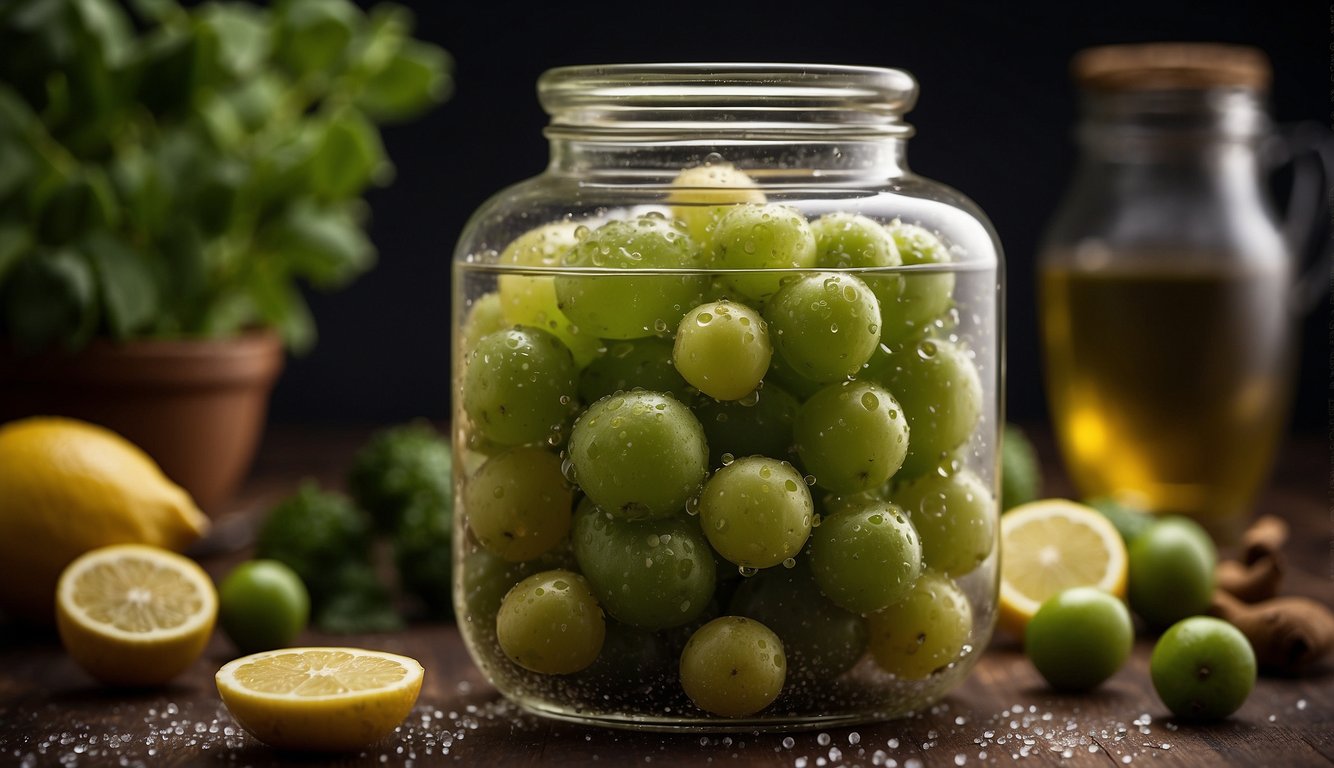 Cucamelons sit in a glass jar, submerged in a brine of water, salt, and spices. Bubbles rise to the surface as the fermentation process begins