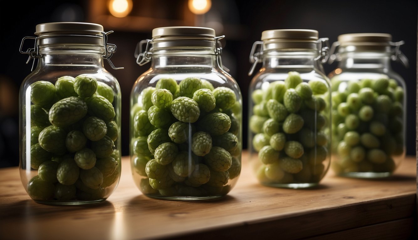 Cucamelons ferment in glass jars with bubbling airlock lids