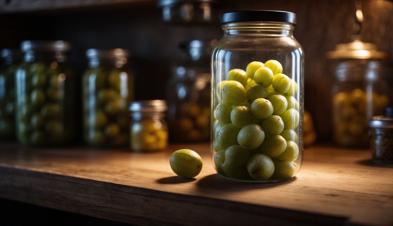 A glass jar filled with fermented cucamelons, sealed with a lid, placed on a wooden shelf in a dimly lit pantry