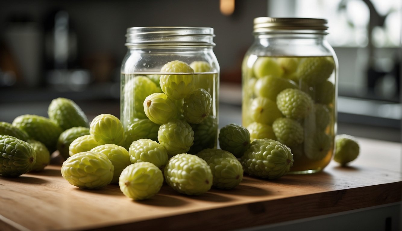 Fermented cucamelons sit on a clean, well-lit countertop. A jar of brine and a troubleshooting guide are nearby. Safety equipment is visible