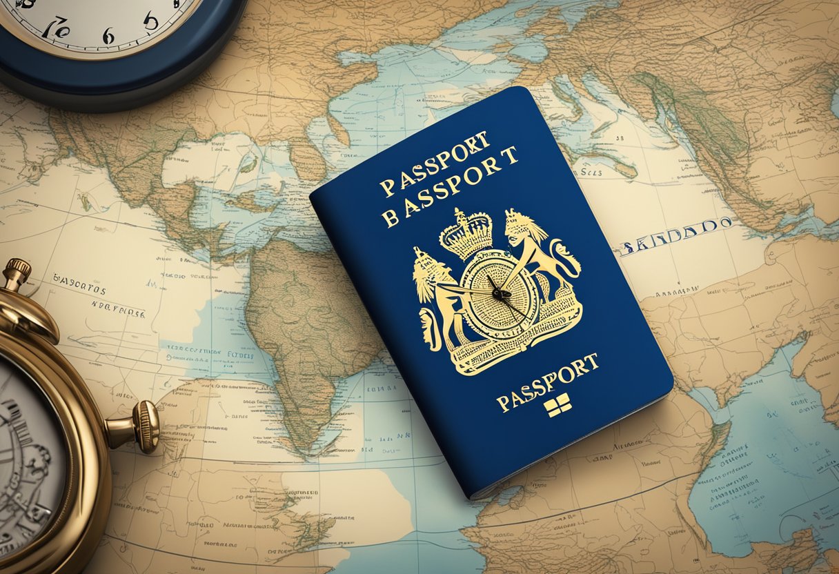 A passport with an Indian visa stamp, a Barbados map, and a clock showing processing time
