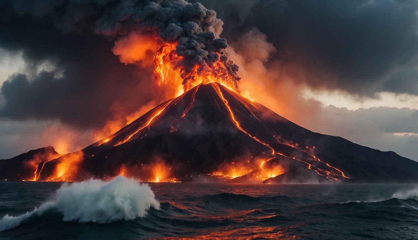 A volcanic eruption spewing molten lava and ash into the ocean, creating a new island off the coast of Japan