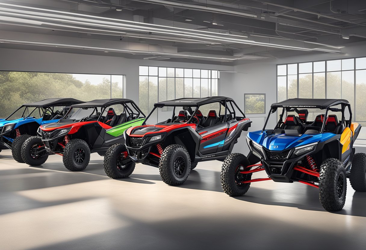 A lineup of 2024 Honda Talon off-road vehicles, displayed in a spacious and well-lit showroom, showcasing their sleek and powerful designs
