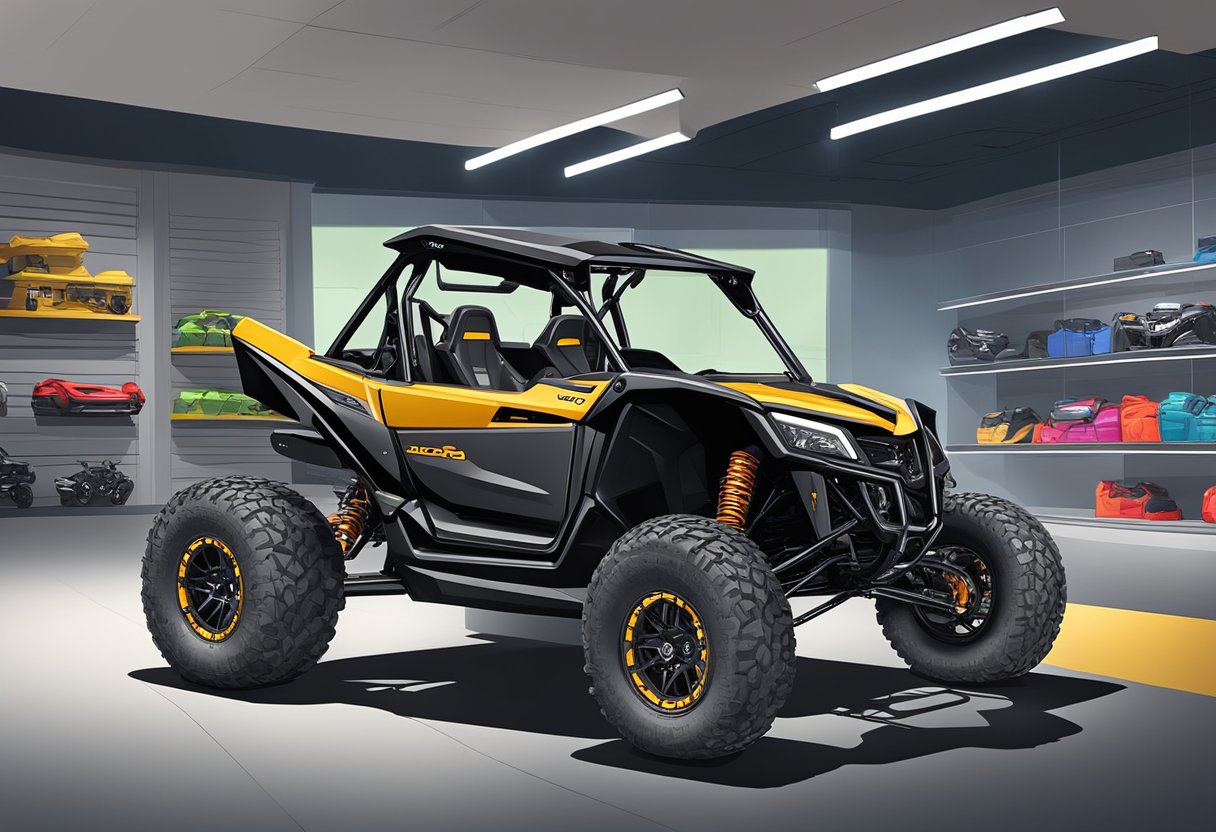 A 2024 Honda Talon sits in a showroom, surrounded by bright lights and sleek signage, with a price tag displayed prominently