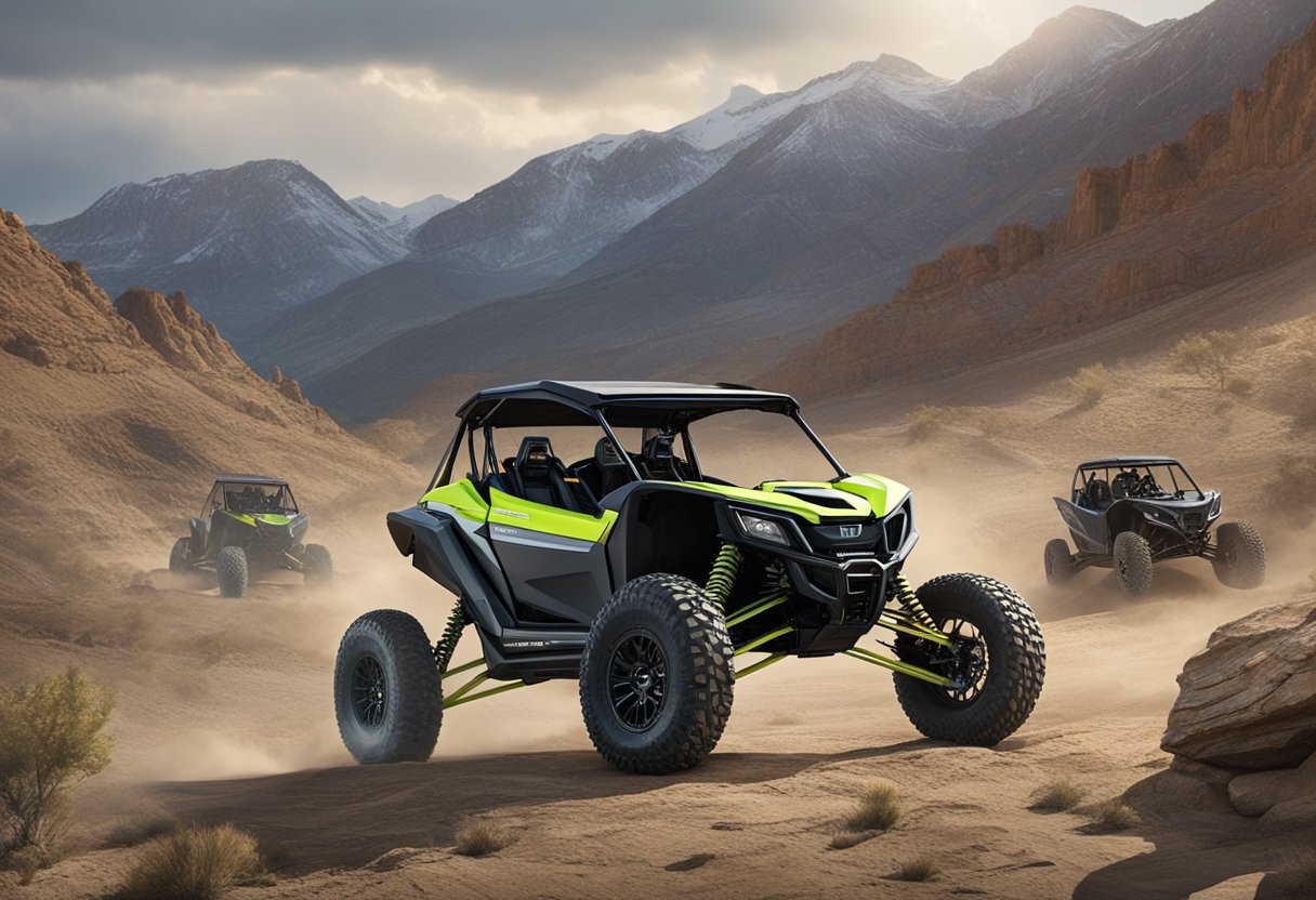 The 2024 Honda Talon sits on a rugged terrain, showcasing its dimensions and specs. It is surrounded by other off-road vehicles for comparison