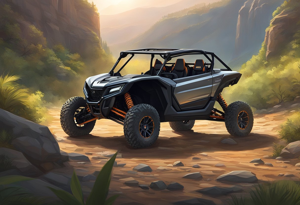 A 2024 Honda Talon parked on a rugged trail, surrounded by rocky terrain and lush greenery. The sun is setting, casting a warm glow on the vehicle's sleek design