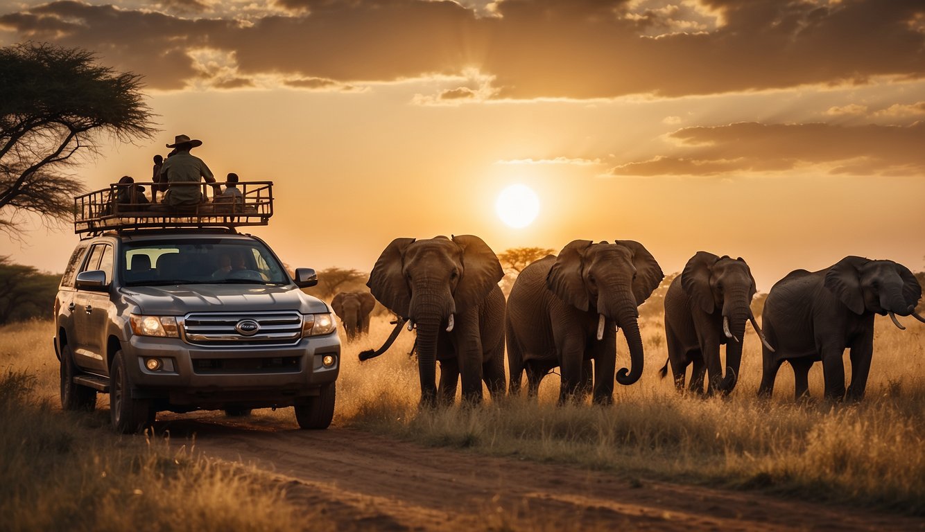 A family of four watches a herd of elephants from a safari vehicle in the golden light of the African savanna