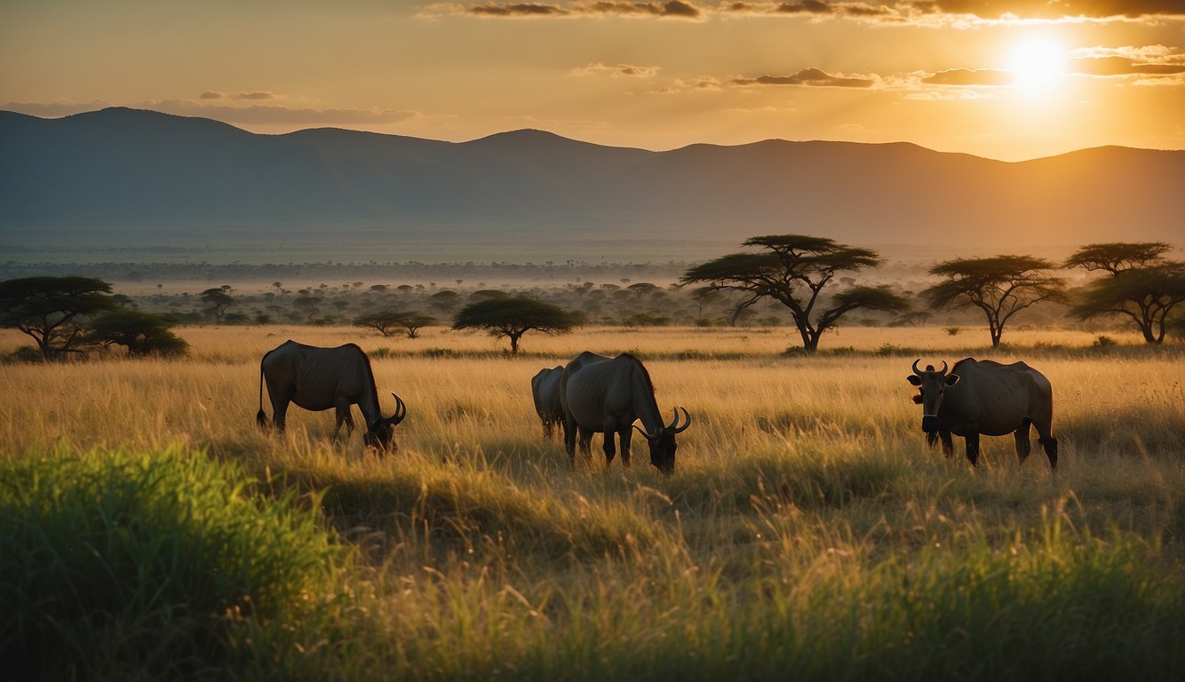 Lush green savannah with grazing wildlife, clear blue skies, and a setting sun over the horizon in Tanzania