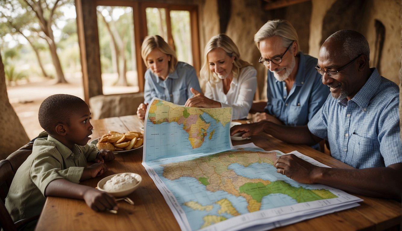 A family sits around a table with a map of Tanzania, discussing safari options. A calendar marks the best times to book, while a budget spreadsheet is open on a laptop