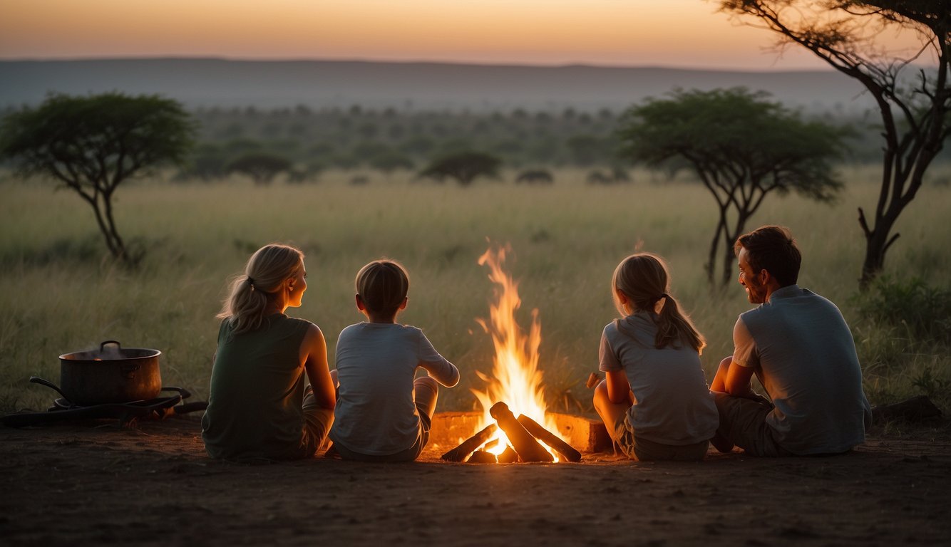 A family sits around a campfire in the African savanna, surrounded by wildlife and lush greenery. A tour guide points out animals in the distance as they enjoy a budget-friendly safari adventure in Tanzania