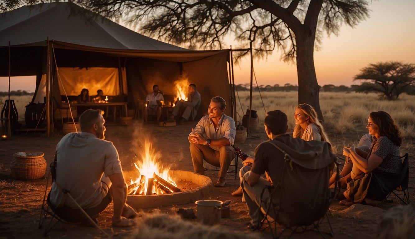 A family sits around a campfire in the African savannah, surrounded by safari tents and wildlife. The sun sets in the distance as they plan their budget-friendly adventure