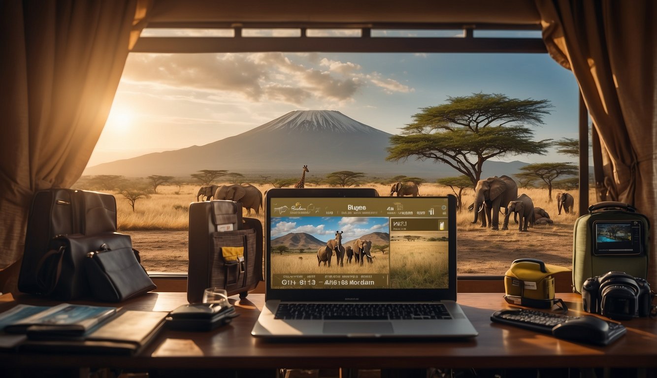 A family stands by a computer, booking a budget safari trip in Tanzania. A calendar shows peak times for wildlife viewing. Luggage and safari gear are packed nearby