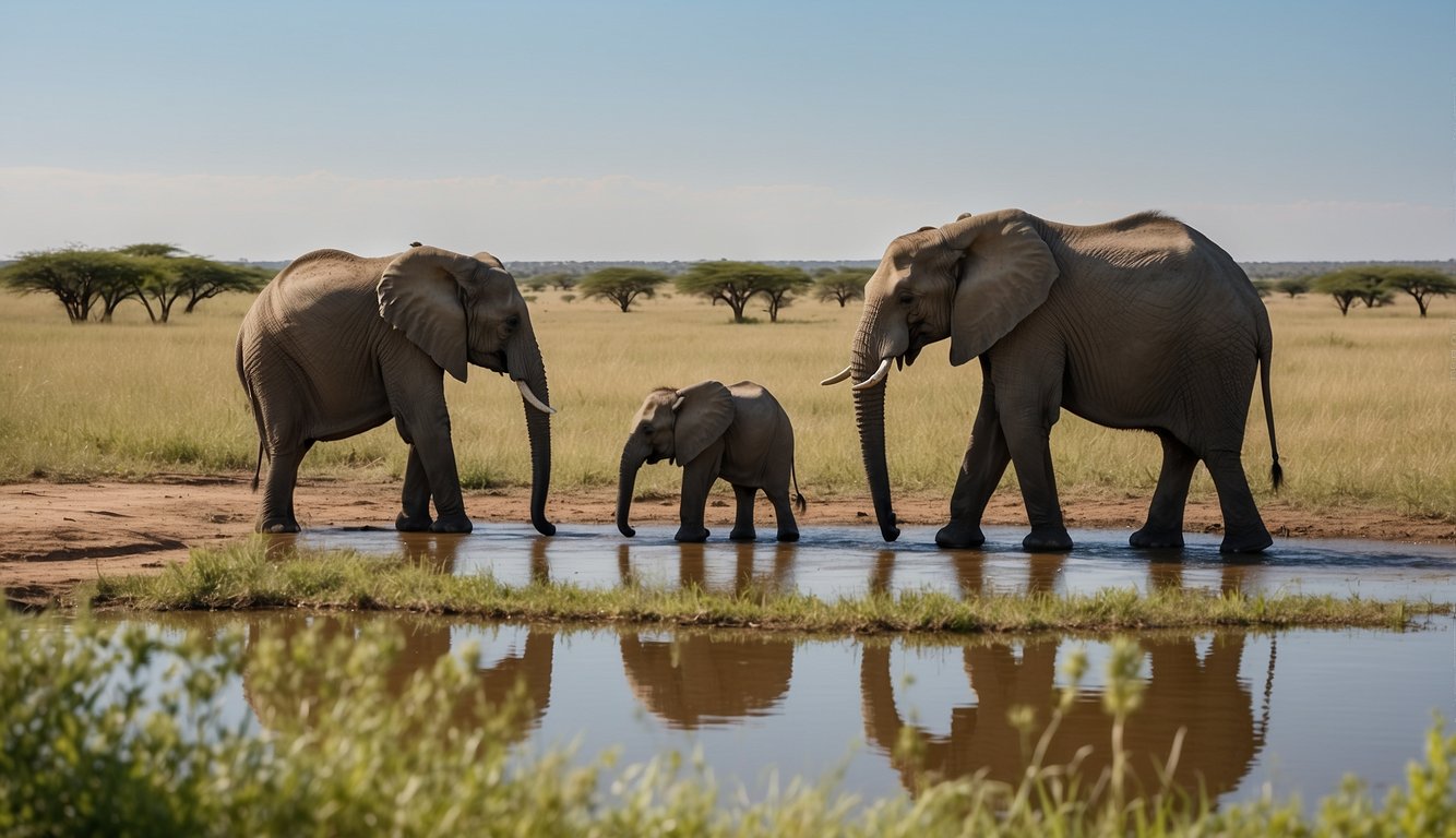 A family of four observes elephants at a watering hole in the Serengeti, surrounded by lush greenery and a clear blue sky