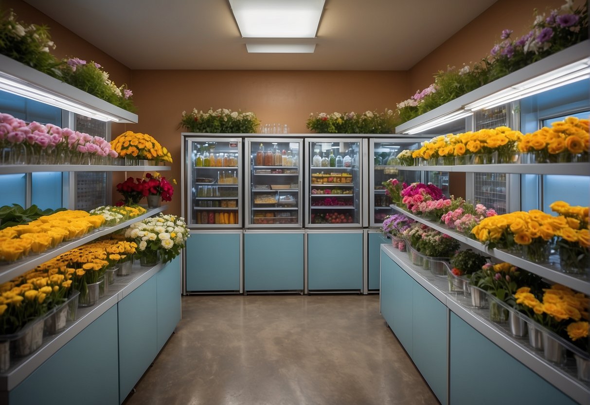 A spacious walk-in cooler filled with vibrant, fresh flowers arranged in various containers and vases, with adjustable shelving and proper temperature control for optimal floral preservation