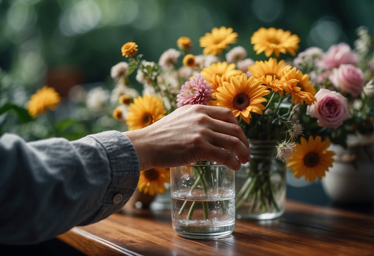 A hand holding a water pick filled with water, surrounded by various fresh flowers and foliage arranged on a table