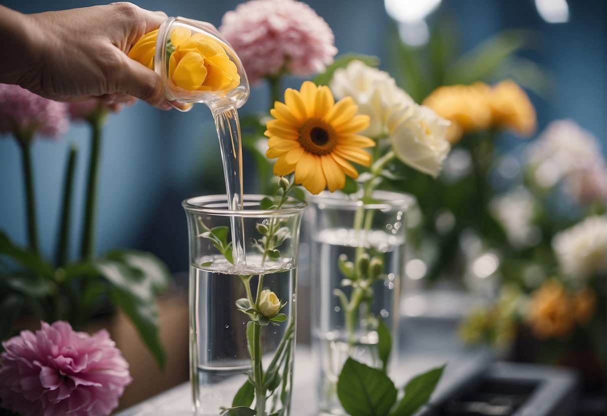 Water tubes are being filled with water and attached to the stems of freshly cut flowers in a floral design studio