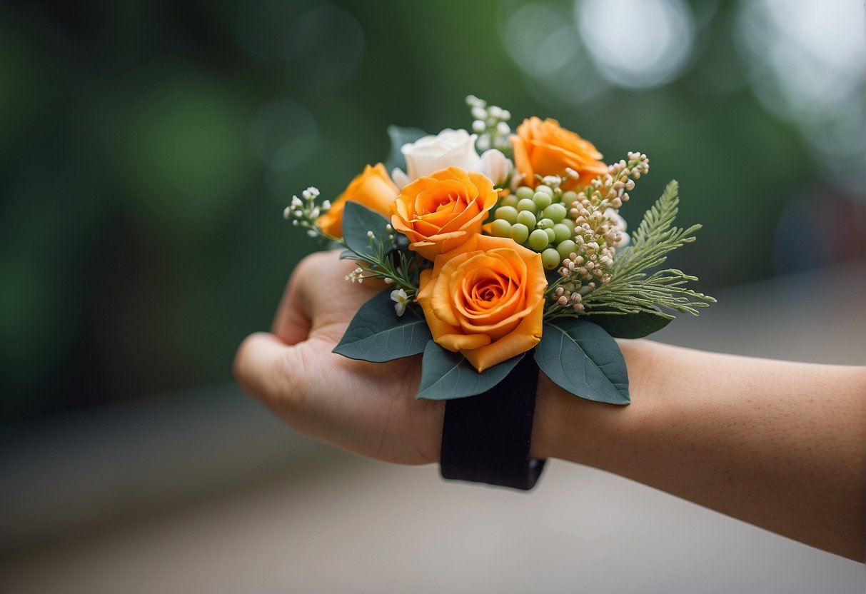 A wrist corsage holder is used to secure and display a small arrangement of flowers and foliage on a person's wrist for special occasions