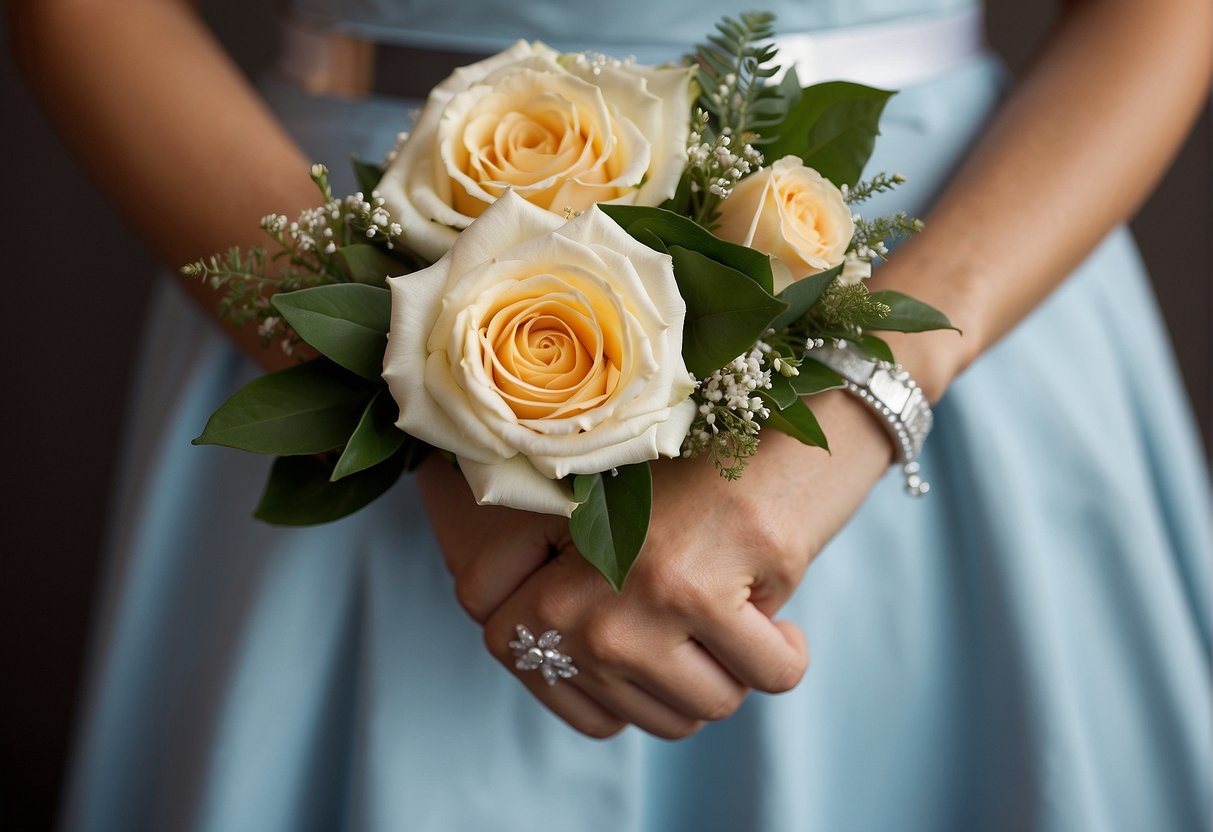 A wrist corsage holder is used to secure and display a small bouquet of flowers on the wrist. It is significant in floral design for formal events like weddings and proms