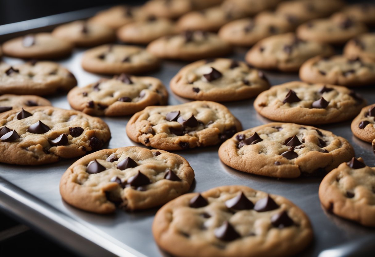 A tray of chocolate chip cookies with cracks and uneven browning. Ingredients like gluten-free flour and dairy-free chocolate chips are scattered on the countertop