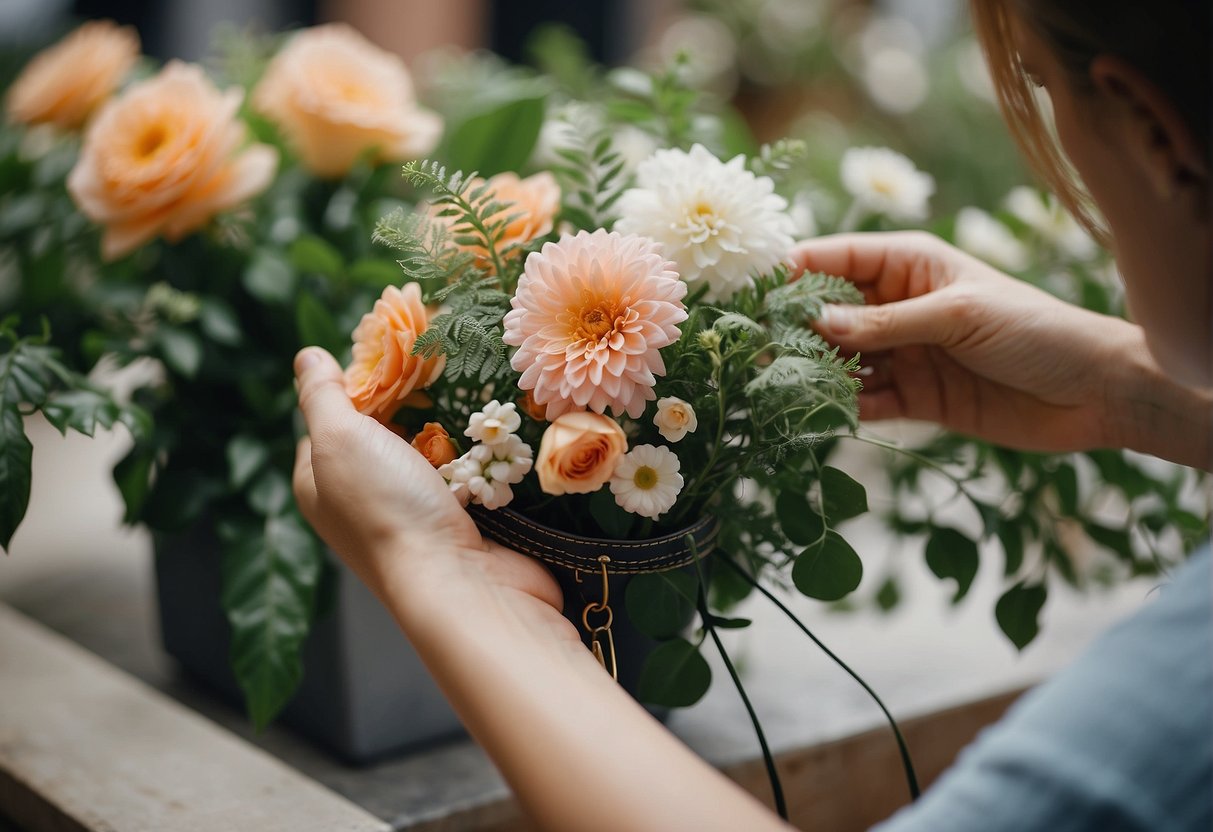 A florist selects a delicate wristlet, carefully attaching vibrant blooms and lush greenery for a stunning floral accessory