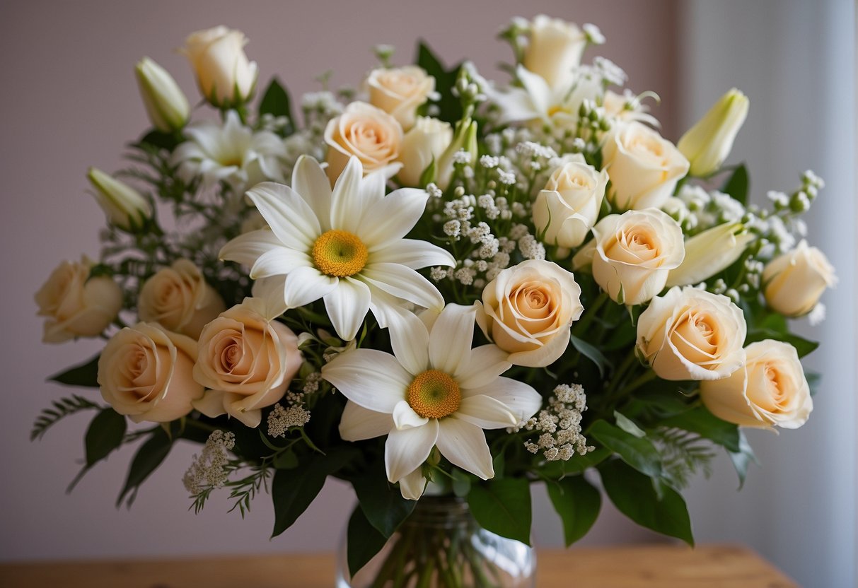 A bouquet of roses, lilies, and daisies arranged in a vase, each flower representing love, purity, and innocence, respectively