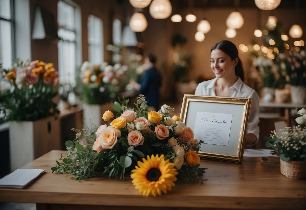 A table with various floral arrangements, a certificate on the wall, and a person arranging flowers with a smile