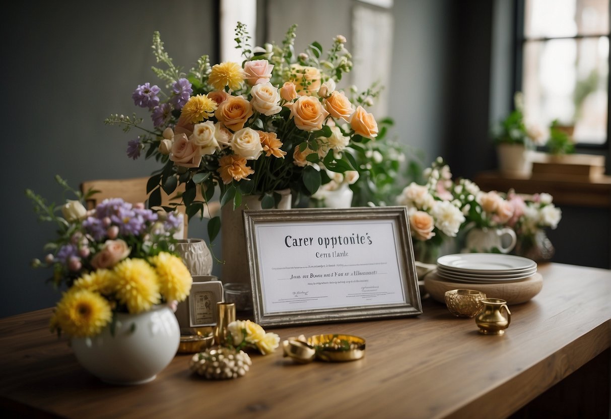 A table with various floral arrangements, a certificate on the wall, and a sign advertising career opportunities in floral design