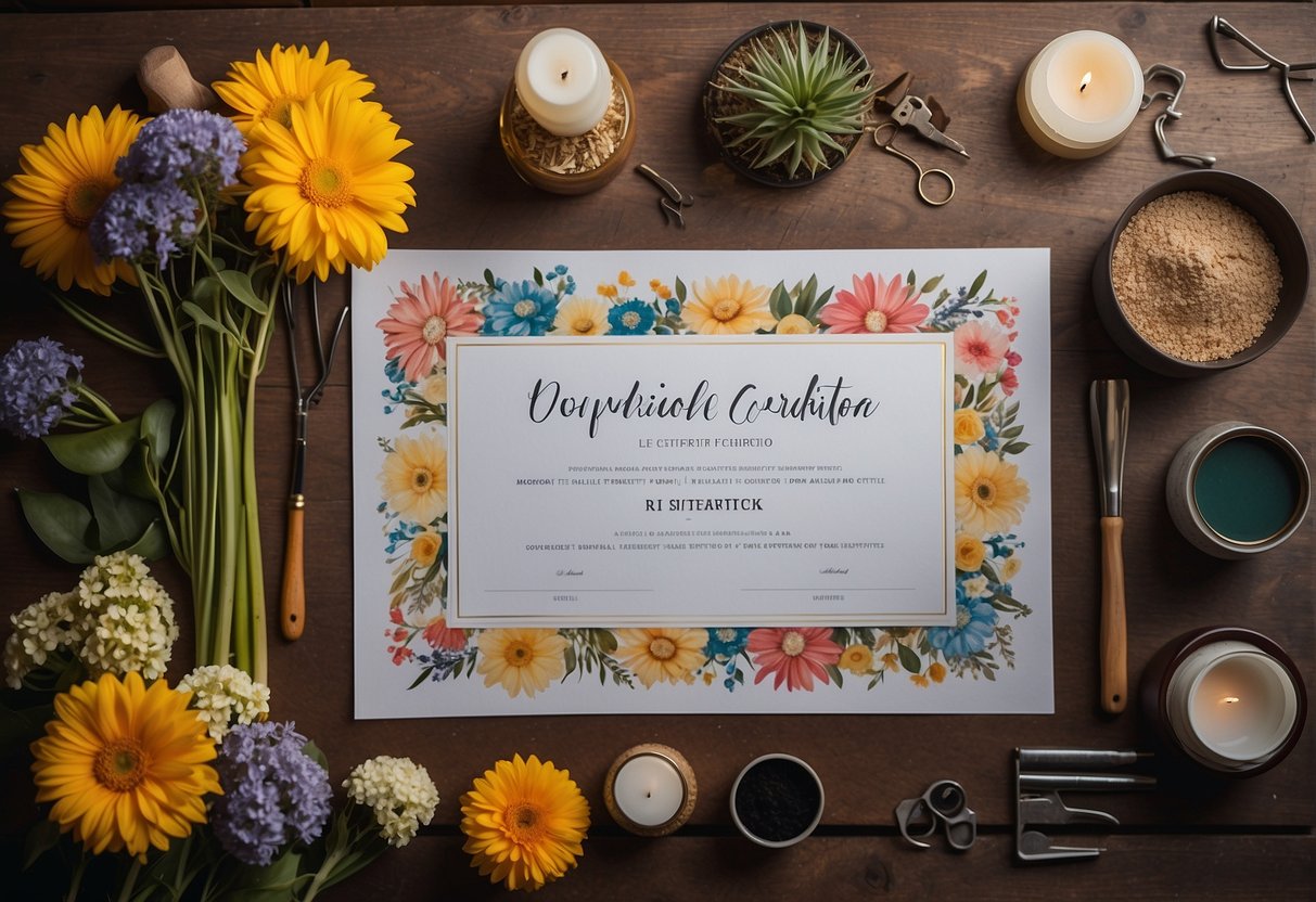 A person holds a floral design certificate with pride, surrounded by various tools and materials. A colorful bouquet sits on the table, showcasing their newfound skills