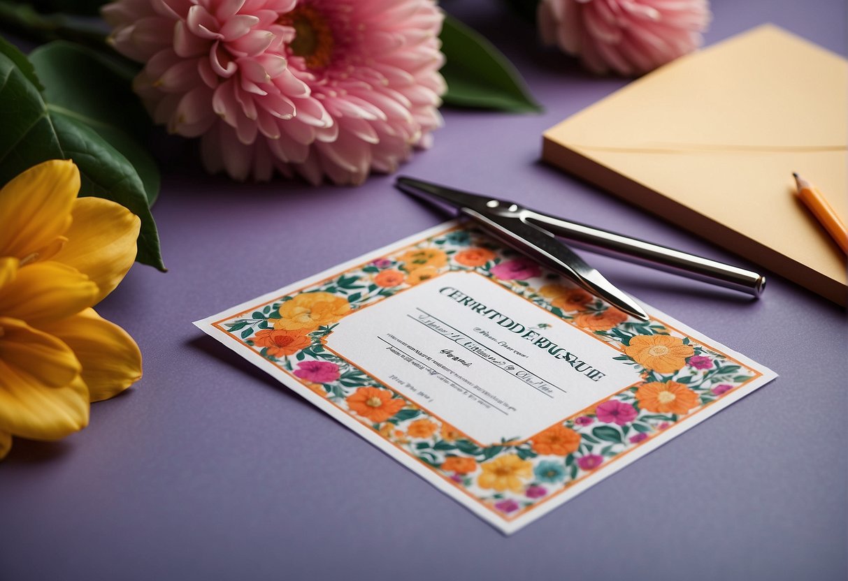 A certificate surrounded by vibrant, hand-drawn floral designs. A pair of scissors and a pencil lie nearby
