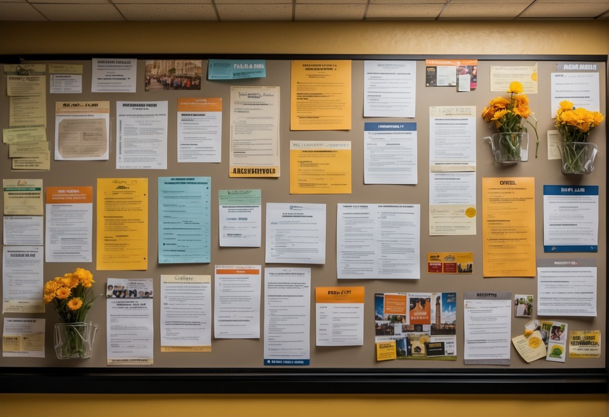 A college bulletin board displays a list of institutions offering floral design courses with colorful flyers and brochures
