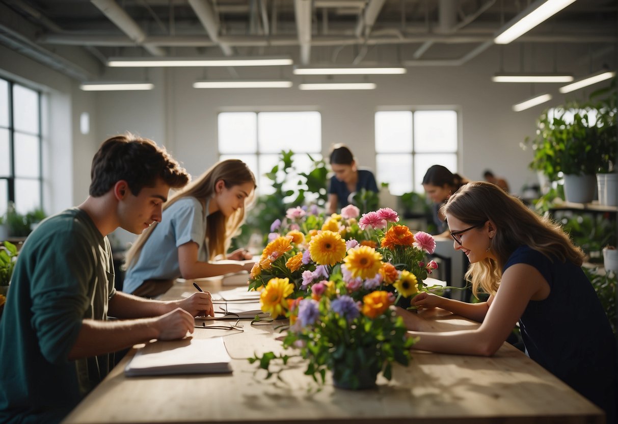A college campus with a floral design program sign, surrounded by colorful flowers and greenery. Students are seen working on floral arrangements in a bright, well-lit studio