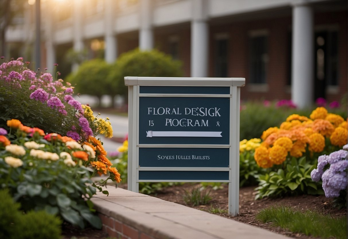 A college campus with a sign reading "Floral Design Program" surrounded by colorful flowers and students studying