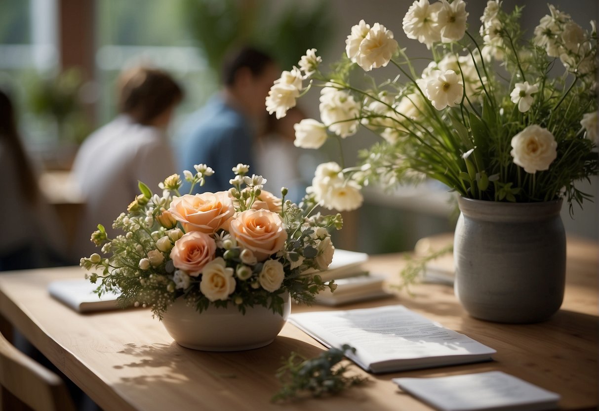 A diploma in floral design or related field is needed for a career in floral design. The scene could include a classroom setting with students learning about different floral arrangements and techniques