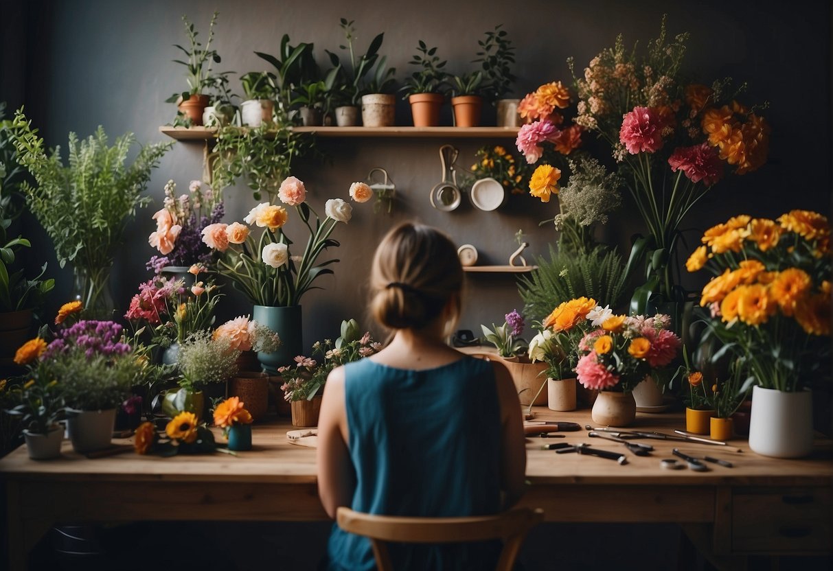 A person arranging flowers in a studio with various tools and materials, surrounded by colorful blooms and greenery, creating a vibrant and inviting atmosphere