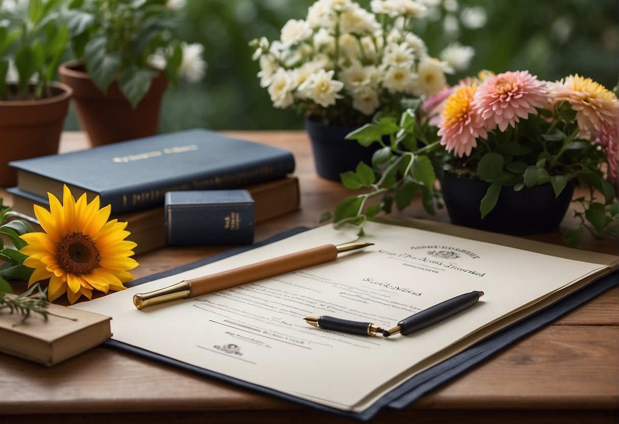 A diploma in floral design is displayed next to a Bachelor's degree in Horticulture. Various textbooks and tools are scattered across a desk