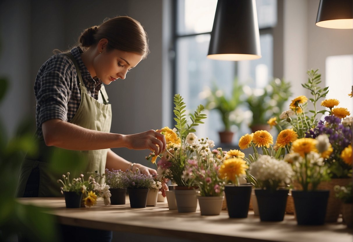 A floral design degree requires creativity, attention to detail, and knowledge of different flowers and plants. The scene could depict a person arranging flowers in a studio or classroom setting