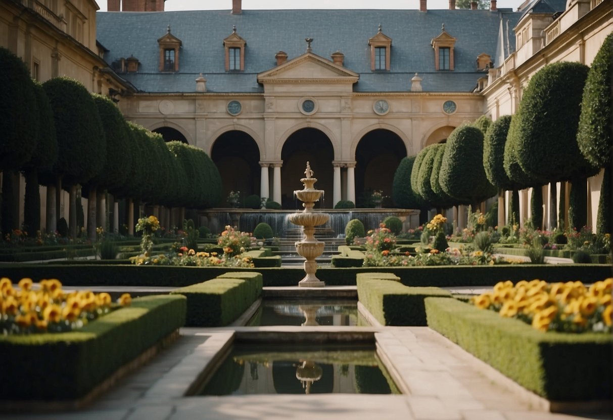 In a grand Renaissance garden, intricate floral arrangements adorn the pathways and fountains, reflecting the era's love for symmetry and balance