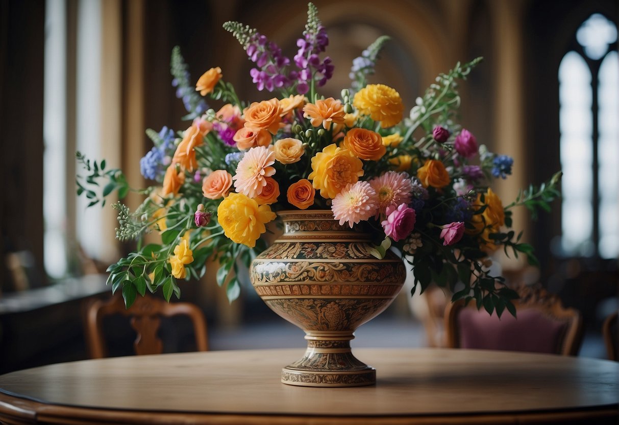 A renaissance vase filled with vibrant flowers, surrounded by intricate tapestries and ornate furniture, showcasing the era's influence on floral design