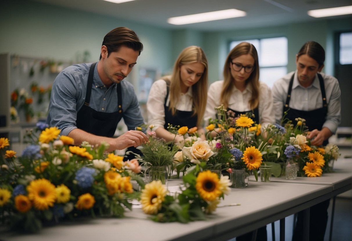 Floral design teachers arrange and instruct on flower compositions in a classroom setting