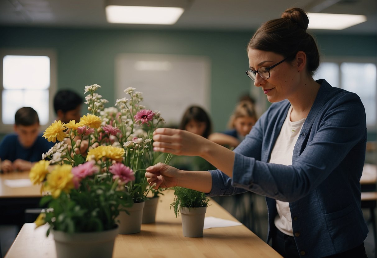A floral design teacher demonstrates arranging flowers and instructs students on techniques and principles in a classroom setting