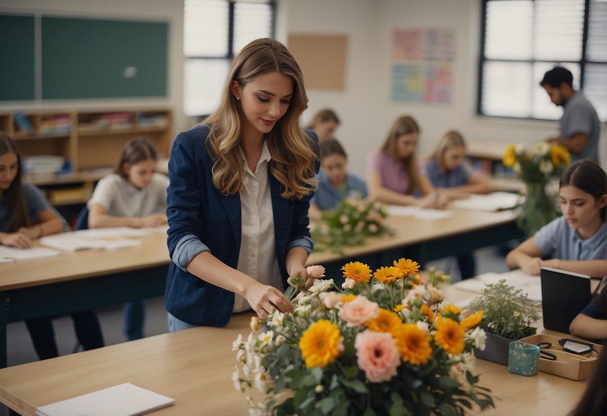 A floral design teacher arranges flowers in a classroom, surrounded by students' work and instructional materials