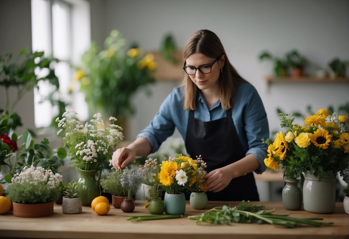 A table with various types of flowers, foliage, and floral arranging tools. A teacher demonstrating different techniques. Students arranging flowers in vases