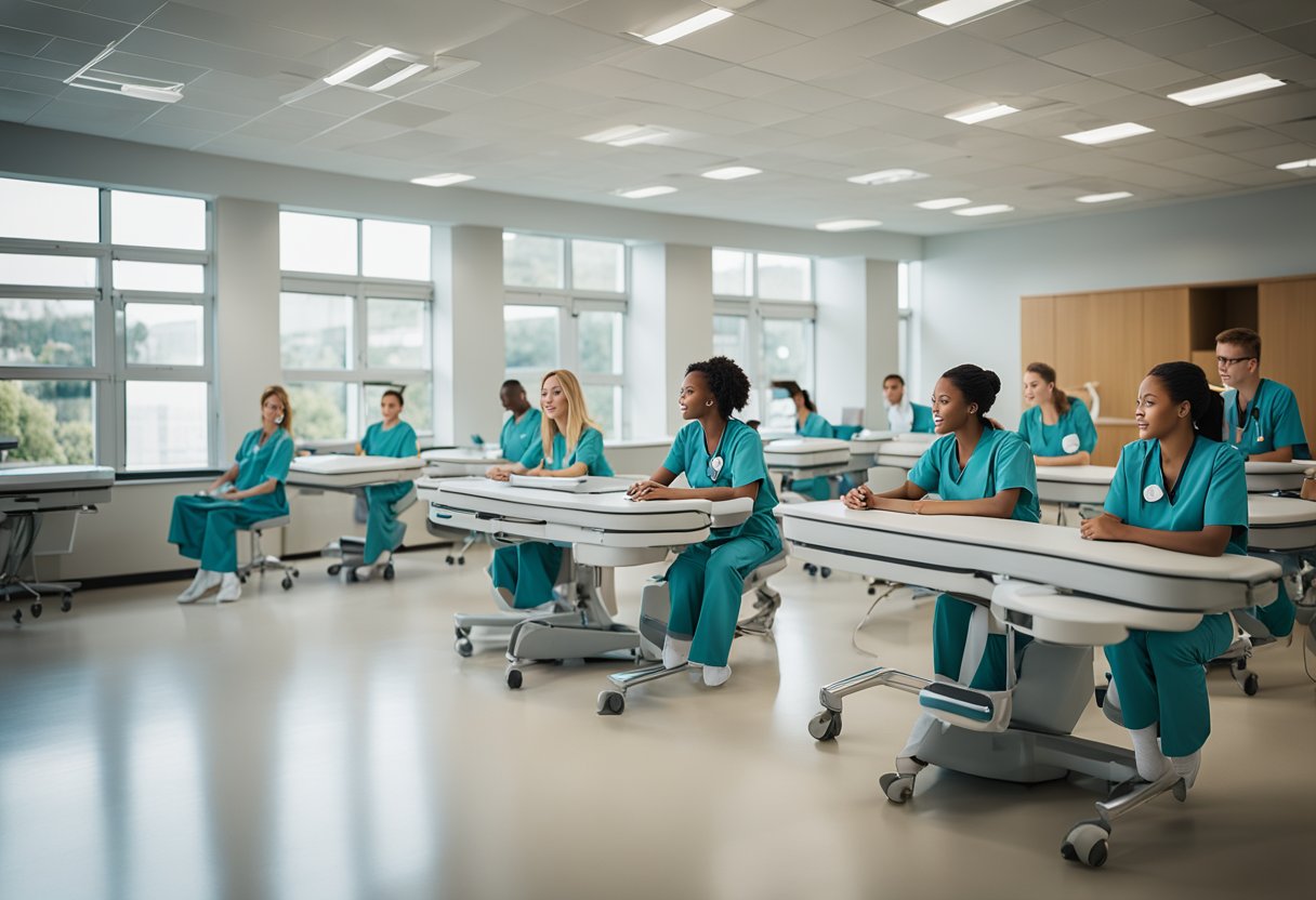 A group of students in nursing uniforms study together in a modern classroom with advanced medical equipment. The room is bright and spacious, with large windows letting in natural light