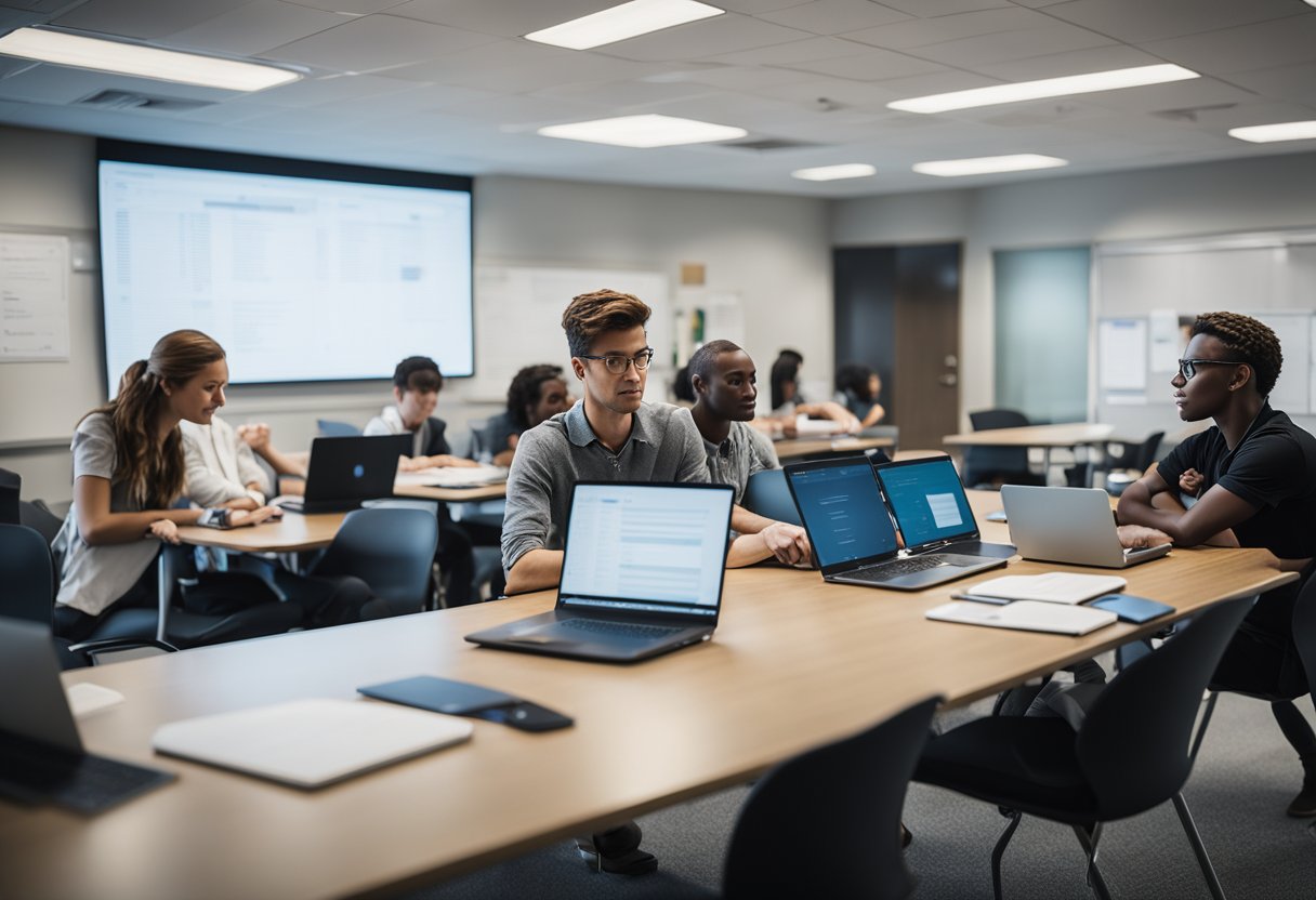 A group of students and instructors gather in a modern classroom, discussing and evaluating various nursing programs. Laptops, textbooks, and charts are spread across the tables, creating a focused and studious atmosphere